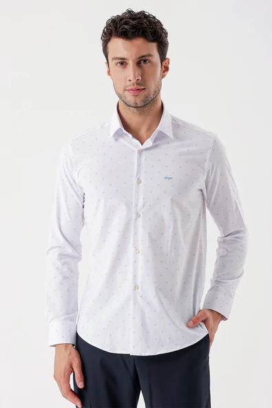 Beyaz Uzun Kollu Baskılı Bez Ayağı Sert Yaka Cepsiz Garnili Klasik Slim Fit Gömlek 1004235106 ürün görseli