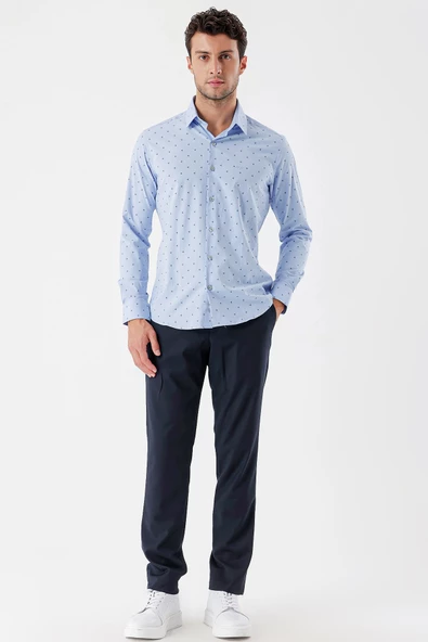 Koyu Mavi Uzun Kollu Baskılı Bez Ayağı Sert Yaka Cepsiz Garnili Klasik Slim Fit Gömlek 1004235106 - Resim 4