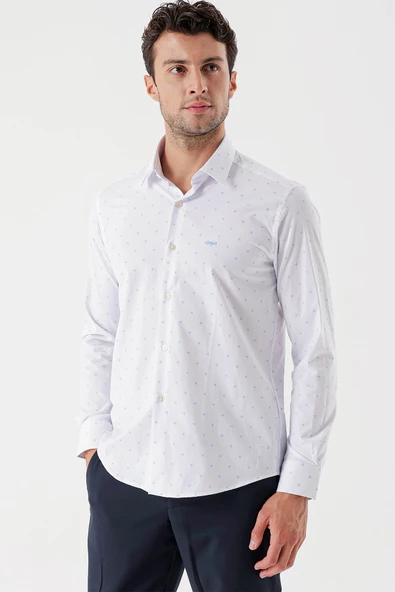Beyaz Uzun Kollu Baskılı Bez Ayağı Sert Yaka Cepsiz Garnili Klasik Slim Fit Gömlek 1004235106 - Resim 3