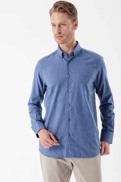 Mavi Uzun Kollu Gabardin Sert Yaka Cepli Casual Comfort Fit Rahat Kesim Gömlek 1004235108