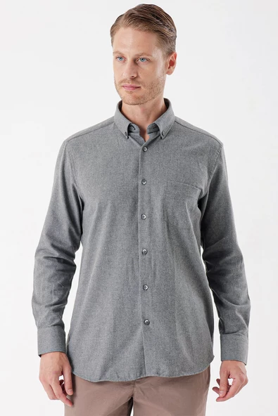 Füme Uzun Kollu Gabardin Sert Yaka Cepli Casual Comfort Fit Rahat Kesim Gömlek 1004235108 - 3