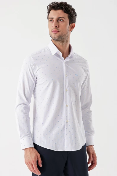 Beyaz Uzun Kollu Baskılı Bez Ayağı Sert Yaka Cepsiz Garnili Klasik Slim Fit Gömlek 1004235106 - Resim 2