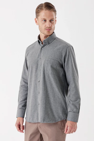 Füme Uzun Kollu Gabardin Sert Yaka Cepli Casual Comfort Fit Rahat Kesim Gömlek 1004235108 - 6