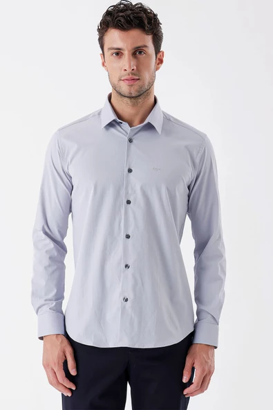 Gri Uzun Kollu Desenli Armürlü Sert Yaka Cepsiz Klasik Slim Fit Dar Kesim Gömlek 1004235107