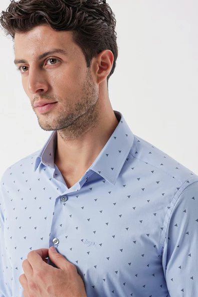 Koyu Mavi Uzun Kollu Baskılı Bez Ayağı Sert Yaka Cepsiz Garnili Klasik Slim Fit Gömlek 1004235106 - Resim 5