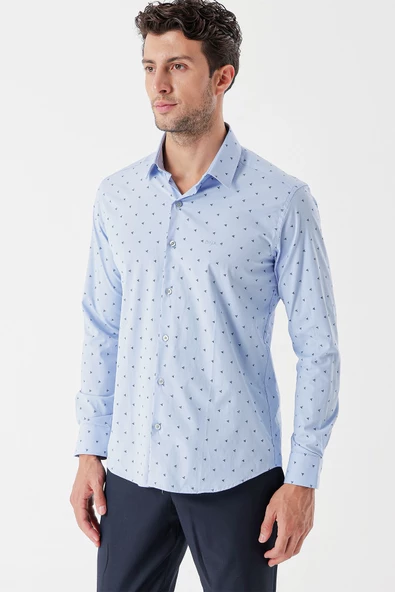 Koyu Mavi Uzun Kollu Baskılı Bez Ayağı Sert Yaka Cepsiz Garnili Klasik Slim Fit Gömlek 1004235106 - Resim 2