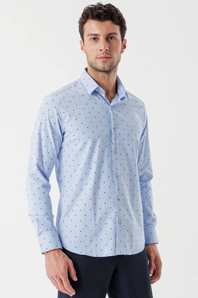 Koyu Mavi Uzun Kollu Baskılı Bez Ayağı Sert Yaka Cepsiz Garnili Klasik Slim Fit Gömlek 1004235106 - Resim 3