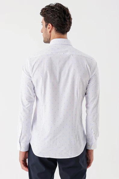 Beyaz Uzun Kollu Baskılı Bez Ayağı Sert Yaka Cepsiz Garnili Klasik Slim Fit Gömlek 1004235106 - Resim 6
