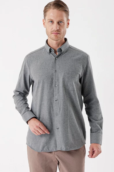 Füme Uzun Kollu Gabardin Sert Yaka Cepli Casual Comfort Fit Rahat Kesim Gömlek 1004235108 - 5