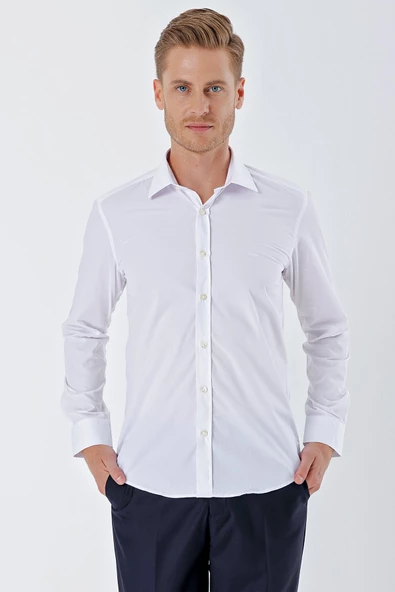 Beyaz Uzun Kollu Bez Ayağı Sert Yaka Cepsiz Pamuklu Basic Slim Fit Dar Kesim Gömlek 1004230357