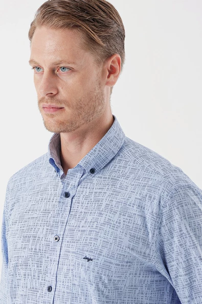 Koyu Mavi Uzun Kollu Baskılı Bez Ayağı Düğmeli Yaka Cepli Klasik Comfort Fit Gömlek 1004235104 - Resim 6