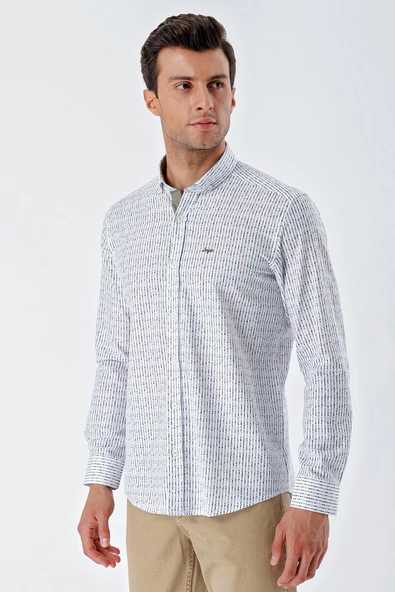 Beyaz Uzun Kollu Baskılı Bez Ayağı Cepsiz Garnili Klasik Slim Fit Dar Kesim Gömlek 1004230232 - Resim 2