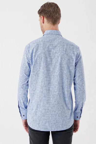 Koyu Mavi Uzun Kollu Baskılı Bez Ayağı Düğmeli Yaka Cepli Klasik Comfort Fit Gömlek 1004235104 - Resim 2