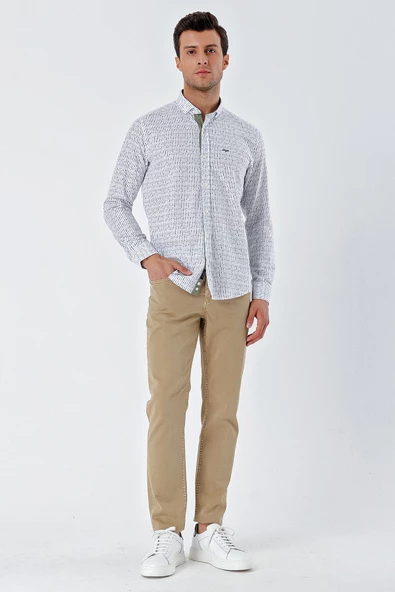 Beyaz Uzun Kollu Baskılı Bez Ayağı Cepsiz Garnili Klasik Slim Fit Dar Kesim Gömlek 1004230232 - Resim 5