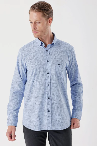 Koyu Mavi Uzun Kollu Baskılı Bez Ayağı Düğmeli Yaka Cepli Klasik Comfort Fit Gömlek 1004235104 - Resim 3