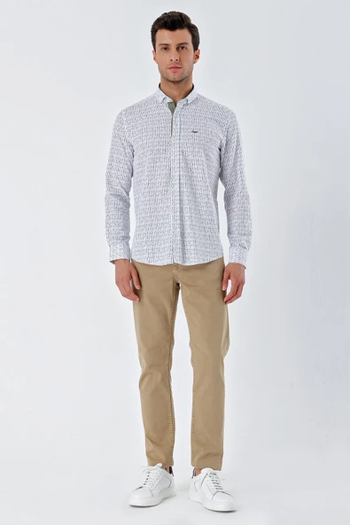 Beyaz Uzun Kollu Baskılı Bez Ayağı Cepsiz Garnili Klasik Slim Fit Dar Kesim Gömlek 1004230232 - Resim 4