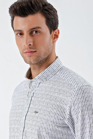Beyaz Uzun Kollu Baskılı Bez Ayağı Cepsiz Garnili Klasik Slim Fit Dar Kesim Gömlek 1004230232 - Resim 6