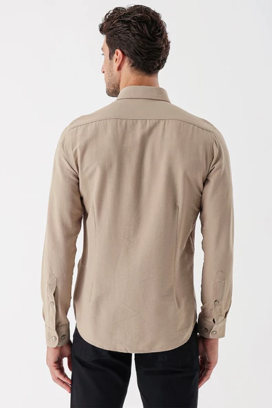 Bej Uzun Kollu Çizgili Gofreli Cepsiz Klasik Slim Fit Dar Kesim Gömlek 1004230233 - Resim 6