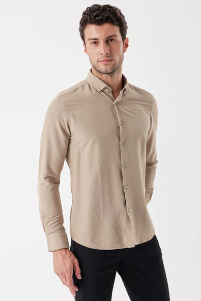 Bej Uzun Kollu Çizgili Gofreli Cepsiz Klasik Slim Fit Dar Kesim Gömlek 1004230233 - Resim 5