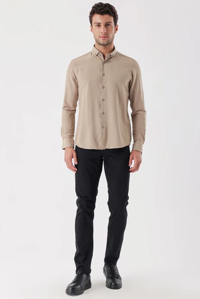 Bej Uzun Kollu Çizgili Gofreli Cepsiz Klasik Slim Fit Dar Kesim Gömlek 1004230233 - Resim 2