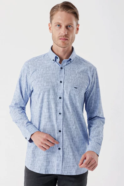 Koyu Mavi Uzun Kollu Baskılı Bez Ayağı Düğmeli Yaka Cepli Klasik Comfort Fit Gömlek 1004235104 - Resim 4