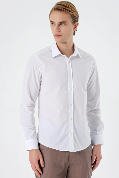 Beyaz Uzun Kollu Filafil  Sert Yaka Cepsiz  Pamuklu Basic Slim Fit Dar Kesim Gömlek 1004235008