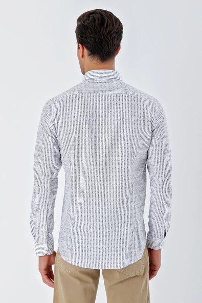 Beyaz Uzun Kollu Baskılı Bez Ayağı Cepsiz Garnili Klasik Slim Fit Dar Kesim Gömlek 1004230232 - Resim 7
