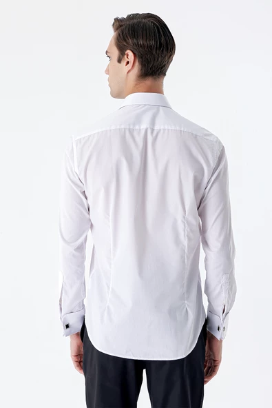 Beyaz Uzun Kollu Sert Yaka Cepsiz Basic Slim Fit Dar Kesim Gömlek 1004235059 - Resim 6