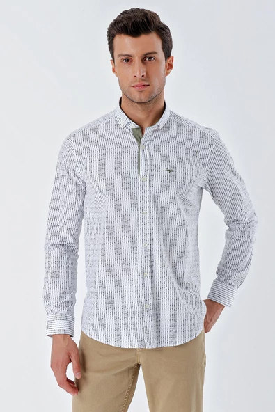 Beyaz Uzun Kollu Baskılı Bez Ayağı Cepsiz Garnili Klasik Slim Fit Dar Kesim Gömlek 1004230232 - Resim 3