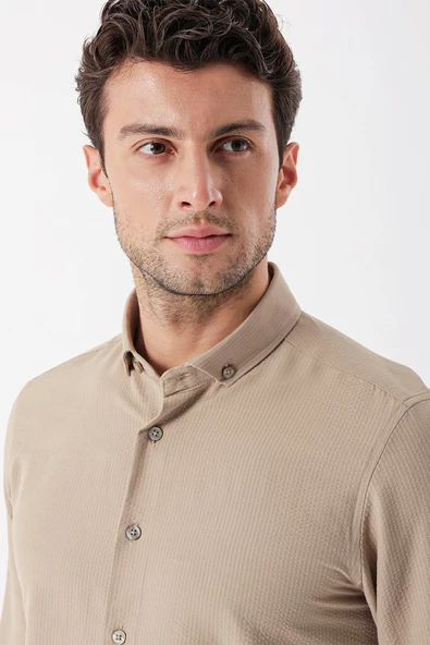 Bej Uzun Kollu Çizgili Gofreli Cepsiz Klasik Slim Fit Dar Kesim Gömlek 1004230233 - Resim 4