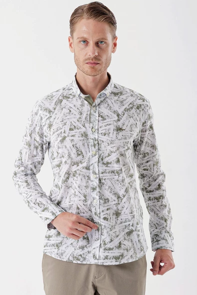 Beyaz Uzun Kollu Baskılı Bez Ayağı Cepsiz Garnili Klasik Slim Fit Dar Kesim Gömlek 1004230229 - Resim 2