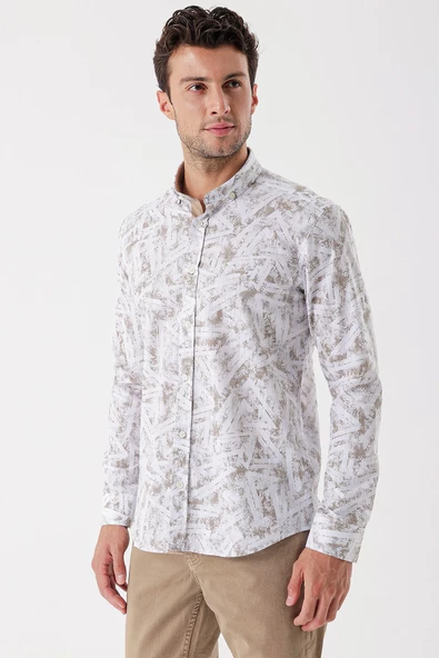 Beyaz Uzun Kollu Baskılı Bez Ayağı Cepsiz Garnili Klasik Slim Fit Dar Kesim Gömlek 1004230229 - Resim 2