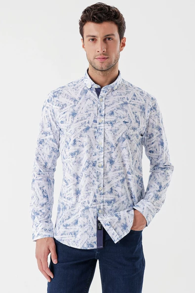 Beyaz Uzun Kollu Baskılı Bez Ayağı Cepsiz Garnili Klasik Slim Fit Dar Kesim Gömlek 1004230229 - Resim 3