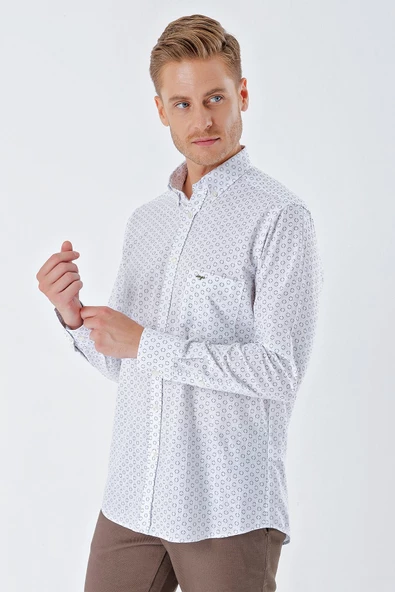 Beyaz Uzun Kollu BaskılıCepli %100 Pamuk Casual Comfort Fit Rahat Kesim Gömlek 1004230225