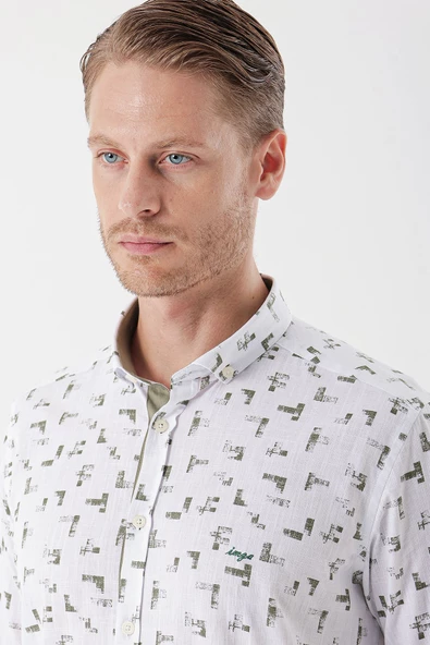 Beyaz Uzun Kollu Baskılı Bez Ayağı Cepsiz Garnili Klasik Slim Fit Dar Kesim Gömlek 1004230230 - Resim 4