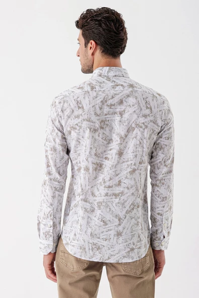 Beyaz Uzun Kollu Baskılı Bez Ayağı Cepsiz Garnili Klasik Slim Fit Dar Kesim Gömlek 1004230229 - Resim 6
