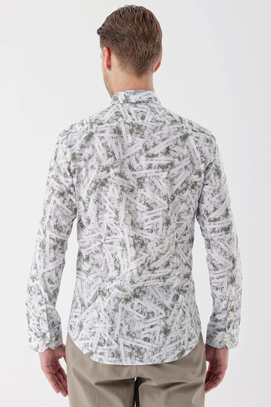 Beyaz Uzun Kollu Baskılı Bez Ayağı Cepsiz Garnili Klasik Slim Fit Dar Kesim Gömlek 1004230229 - Resim 6