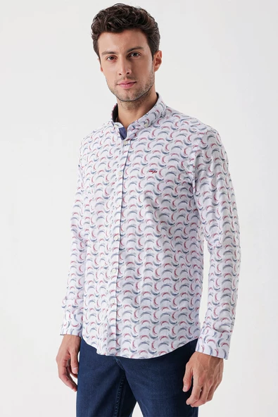 Ekru Uzun Kollu Baskılı Bez Ayağı Cepsiz Garnili Klasik Slim Fit Dar Kesim Gömlek 1004230228 - 3