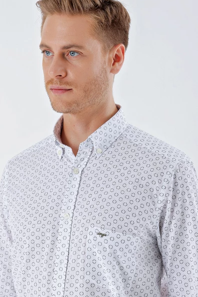 Beyaz Uzun Kollu BaskılıCepli %100 Pamuk Casual Comfort Fit Rahat Kesim Gömlek 1004230225 - Resim 4