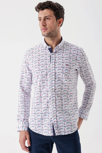 Ekru Uzun Kollu Baskılı Bez Ayağı Cepsiz Garnili Klasik Slim Fit Dar Kesim Gömlek 1004230228