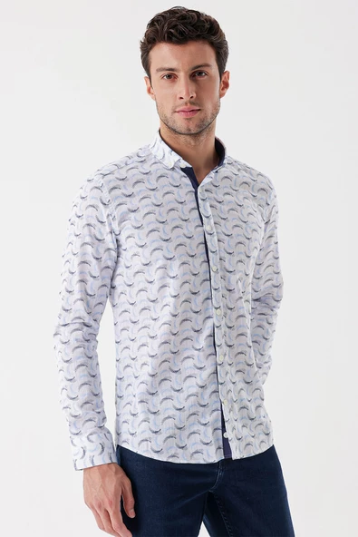 Beyaz Uzun Kollu Baskılı Bez Ayağı Cepsiz Garnili Klasik Slim Fit Dar Kesim Gömlek 1004230228 - Resim 3