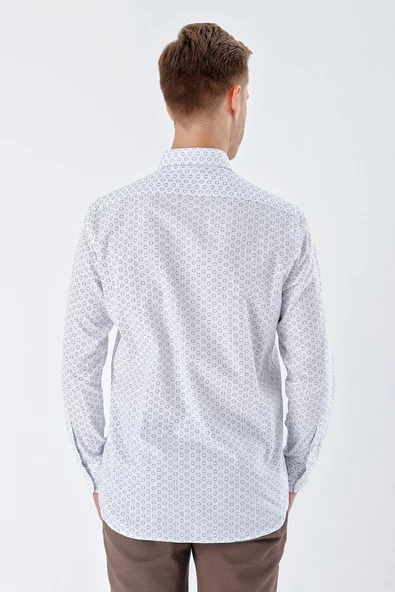 Beyaz Uzun Kollu BaskılıCepli %100 Pamuk Casual Comfort Fit Rahat Kesim Gömlek 1004230225 - Resim 6