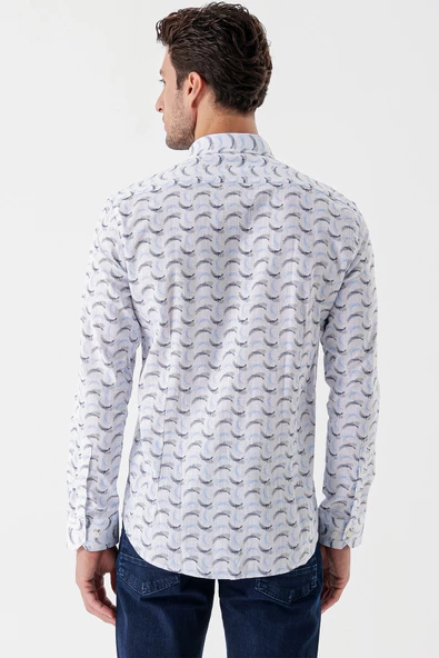 Beyaz Uzun Kollu Baskılı Bez Ayağı Cepsiz Garnili Klasik Slim Fit Dar Kesim Gömlek 1004230228 - Resim 6