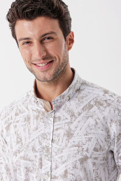 Beyaz Uzun Kollu Baskılı Bez Ayağı Cepsiz Garnili Klasik Slim Fit Dar Kesim Gömlek 1004230229 - Resim 5