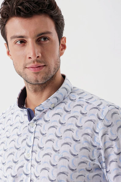 Beyaz Uzun Kollu Baskılı Bez Ayağı Cepsiz Garnili Klasik Slim Fit Dar Kesim Gömlek 1004230228 - Resim 5