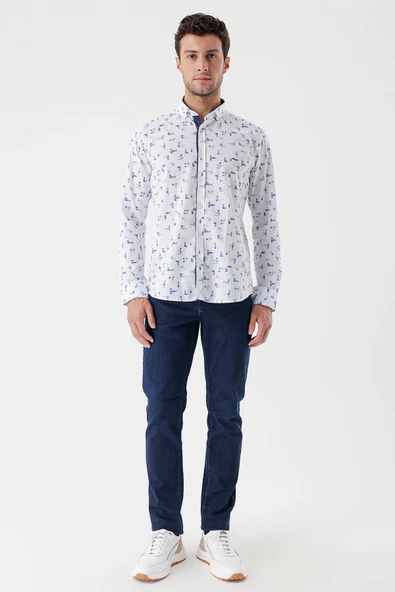 Beyaz Uzun Kollu Baskılı Bez Ayağı Cepsiz Garnili Klasik Slim Fit Dar Kesim Gömlek 1004230230 - Resim 4