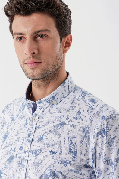 Beyaz Uzun Kollu Baskılı Bez Ayağı Cepsiz Garnili Klasik Slim Fit Dar Kesim Gömlek 1004230229 - Resim 4