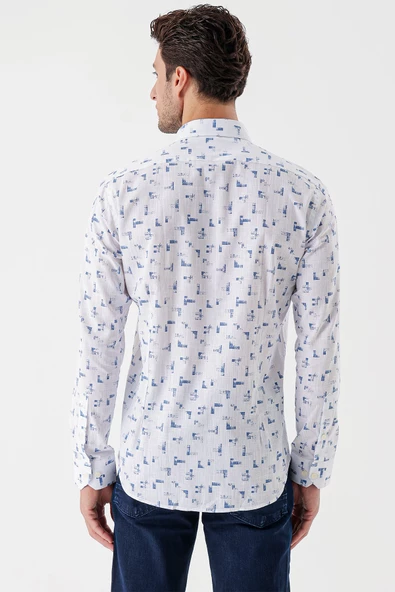 Beyaz Uzun Kollu Baskılı Bez Ayağı Cepsiz Garnili Klasik Slim Fit Dar Kesim Gömlek 1004230230 - Resim 6