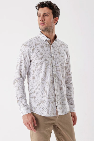 Beyaz Uzun Kollu Baskılı Bez Ayağı Cepsiz Garnili Klasik Slim Fit Dar Kesim Gömlek 1004230229 - Resim 3