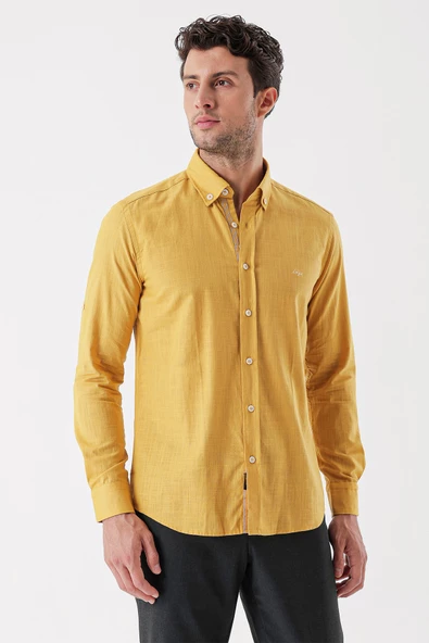 Hardal Kısalabilir KolluCepsiz Biyeli %100 Pamuk Klasik Slim Fit Dar Kesim Gömlek 1004230227